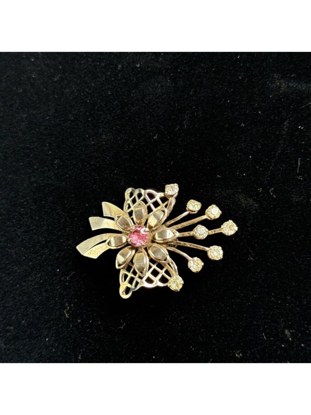Vintage Mid-Century Gold Tone Rhinestone Flower Bow Brooch Pin - Pink & Clear Cr